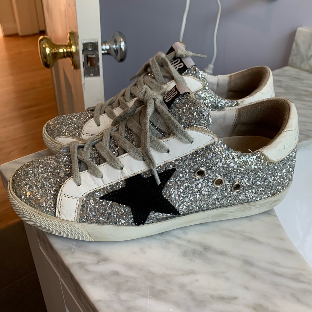 Silver glittery golden gooses superstars